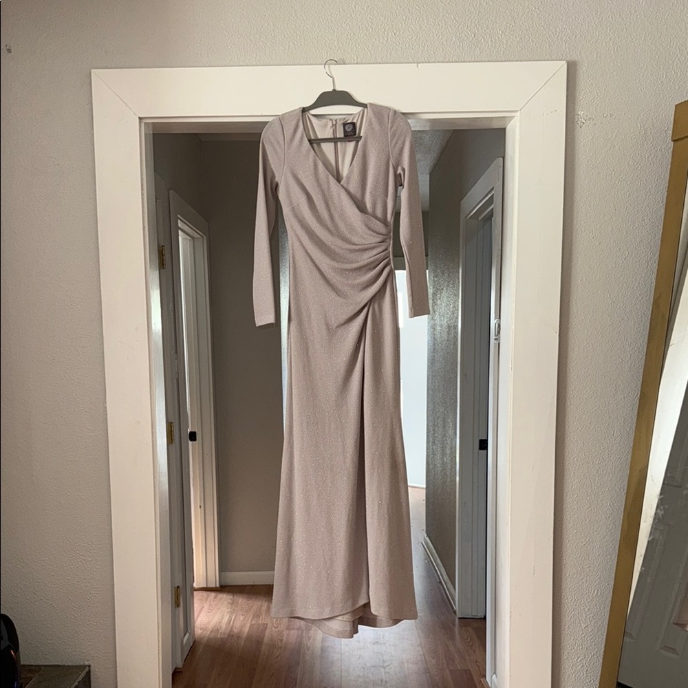 Tan Ruched Wrap Gown with V-neck